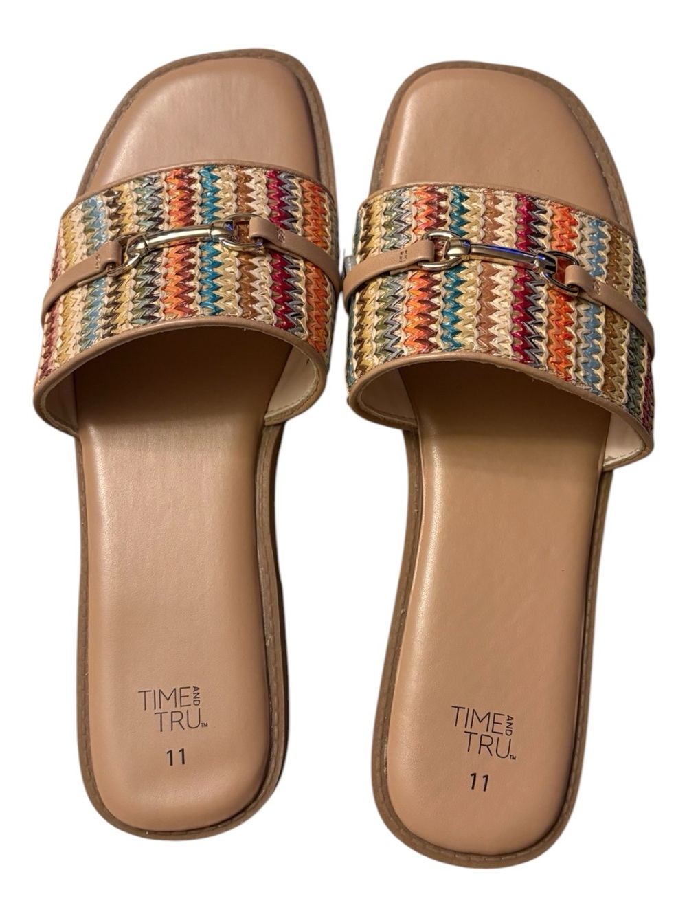 Time and Tru Tan Multicolor Woven Slide Sandals